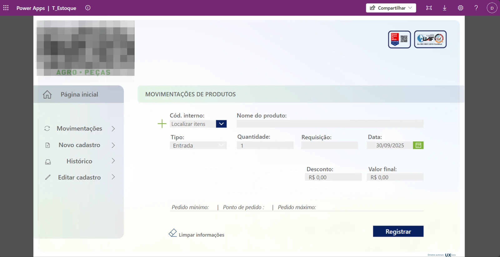 Solução em PowerApps para gestão de estoque.